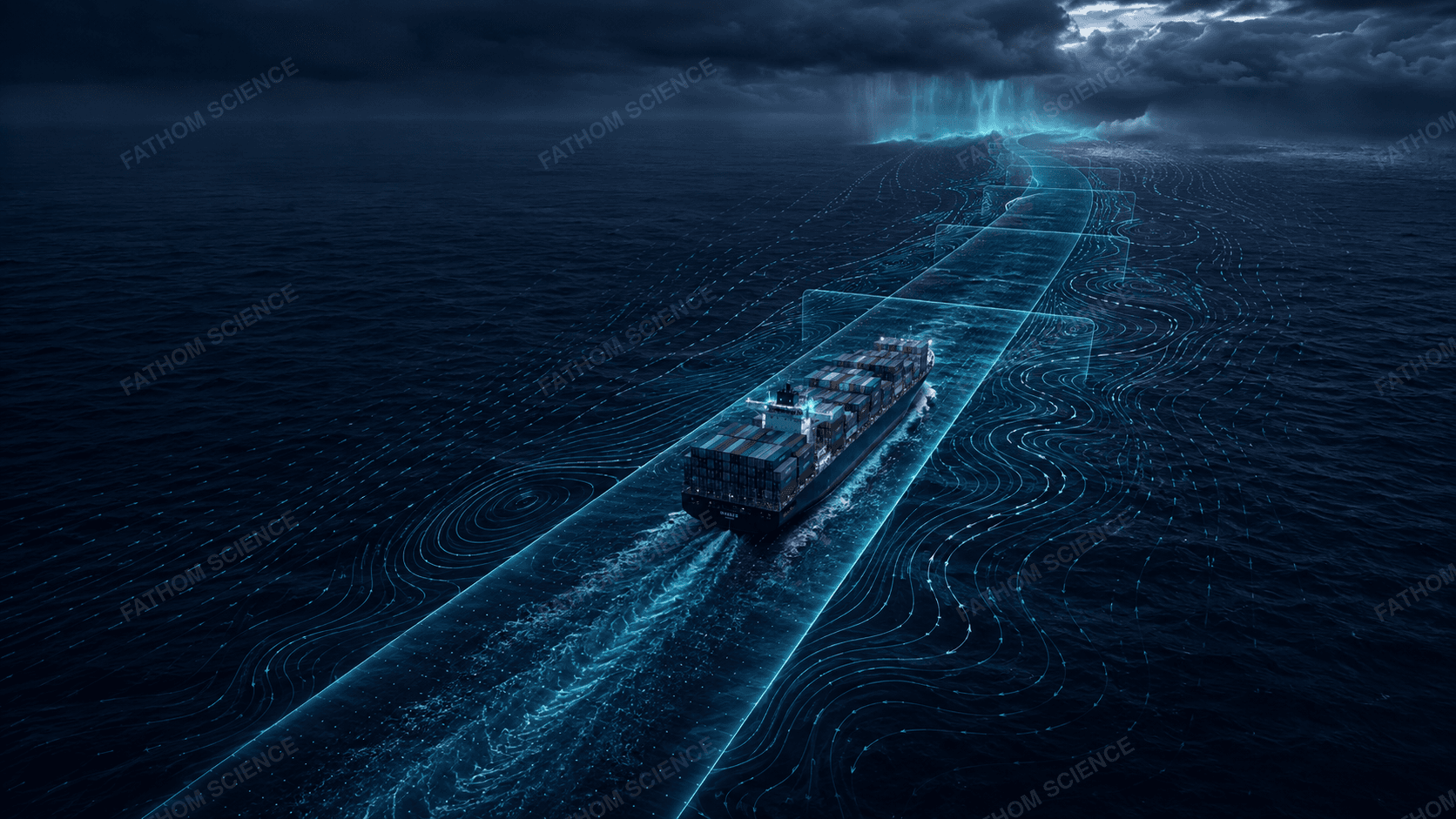 A container ship underway on open water at night, tracked along a computed route through an oncoming storm